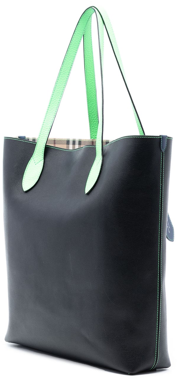 Burberry Grained Leather and Haymarket Check Coated Canvas Reversible North South Tote Zwart