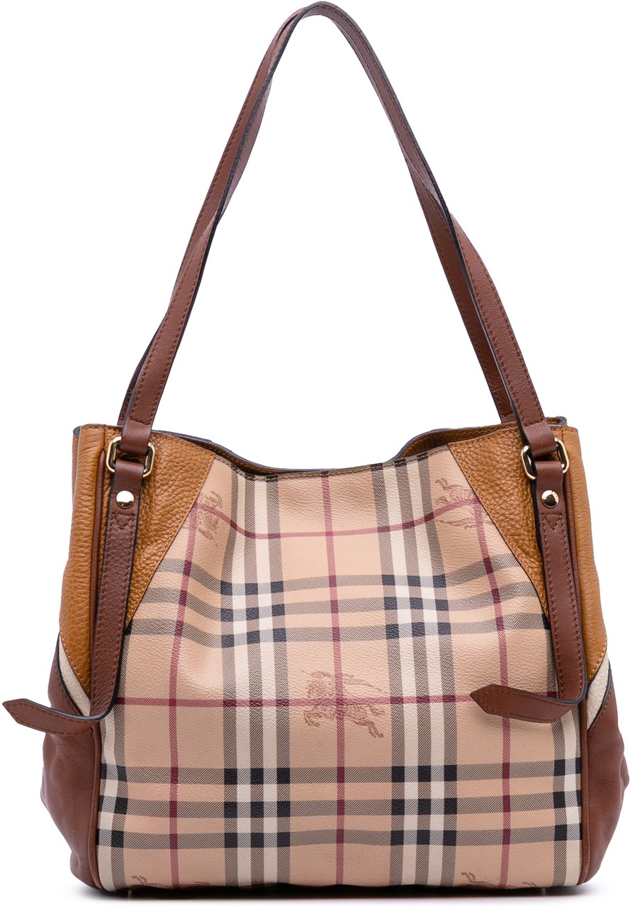 Burberry Small Leather Trimmed Haymarket Check Coated Canvas Canterbury Tote Bruin