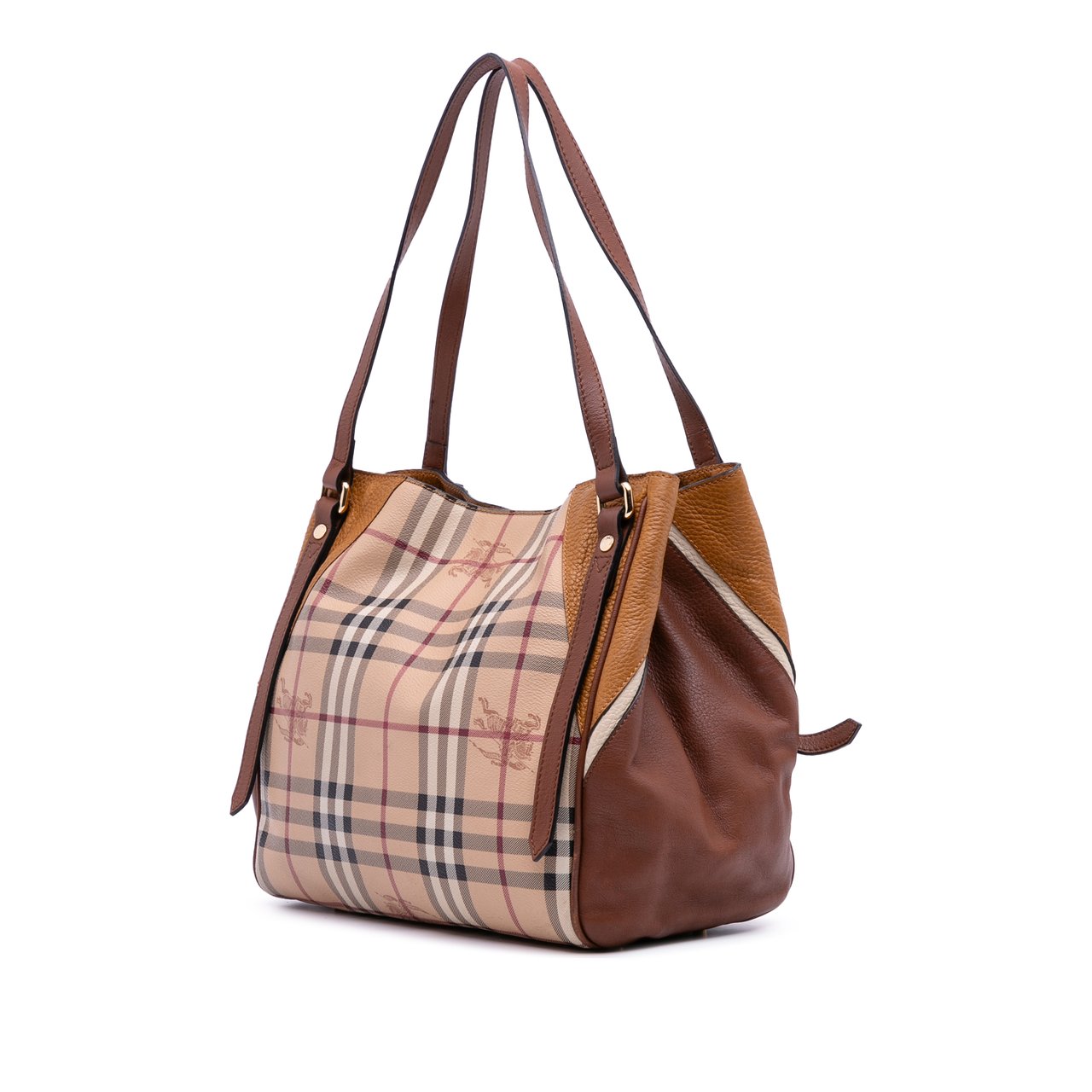 Burberry Small Leather Trimmed Haymarket Check Coated Canvas Canterbury Tote Bruin