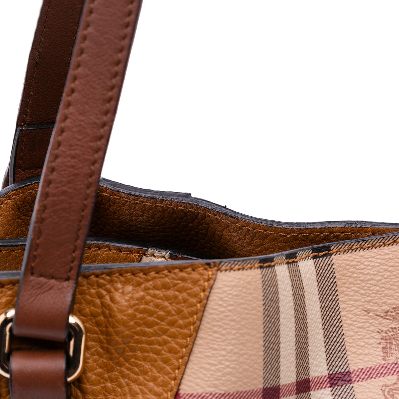 Burberry Small Leather Trimmed Haymarket Check Coated Canvas Canterbury Tote Bruin