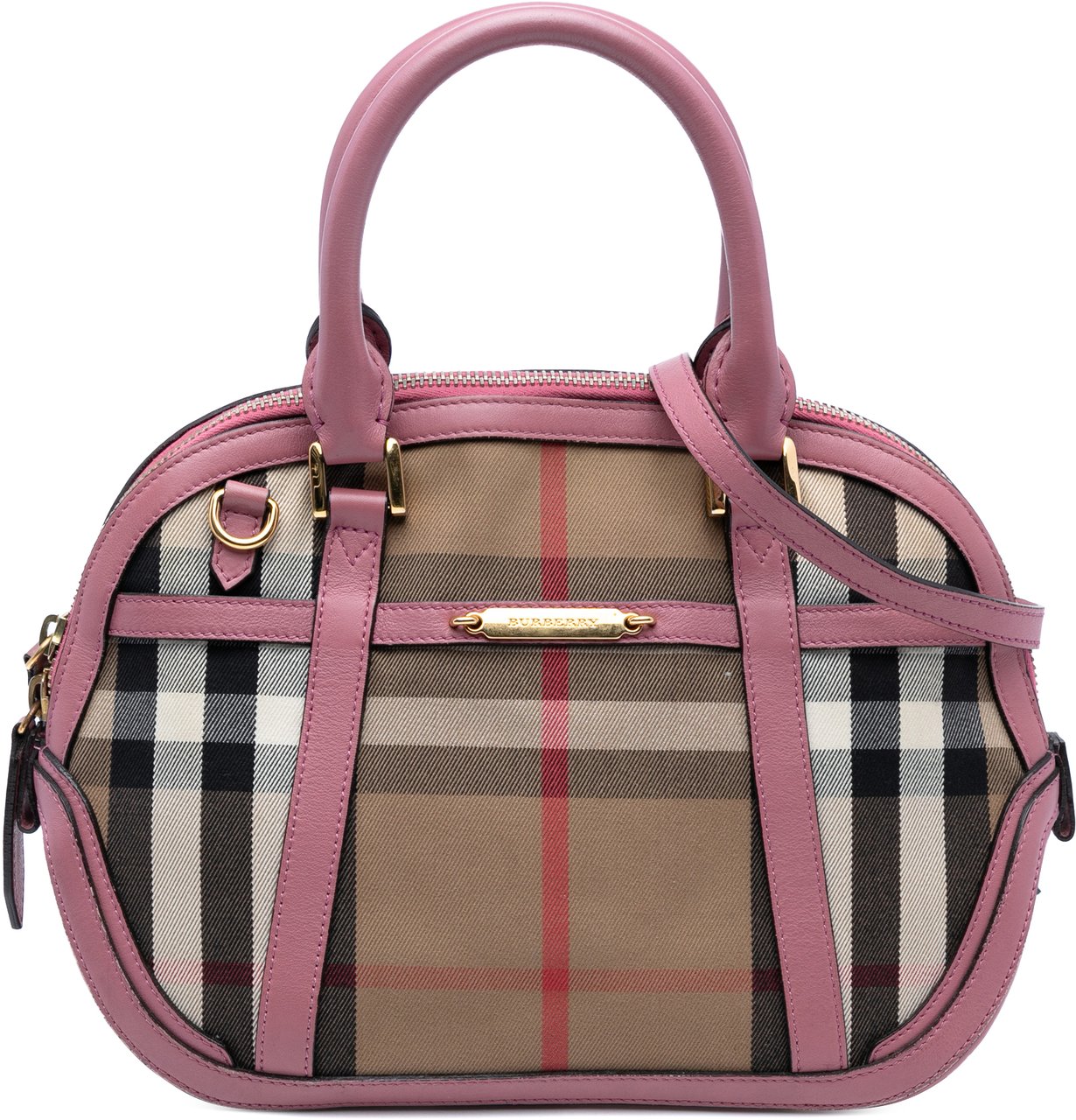 Burberry Small Leather Trimmed House Check Canvas Bridle Orchard Satchel Bruin
