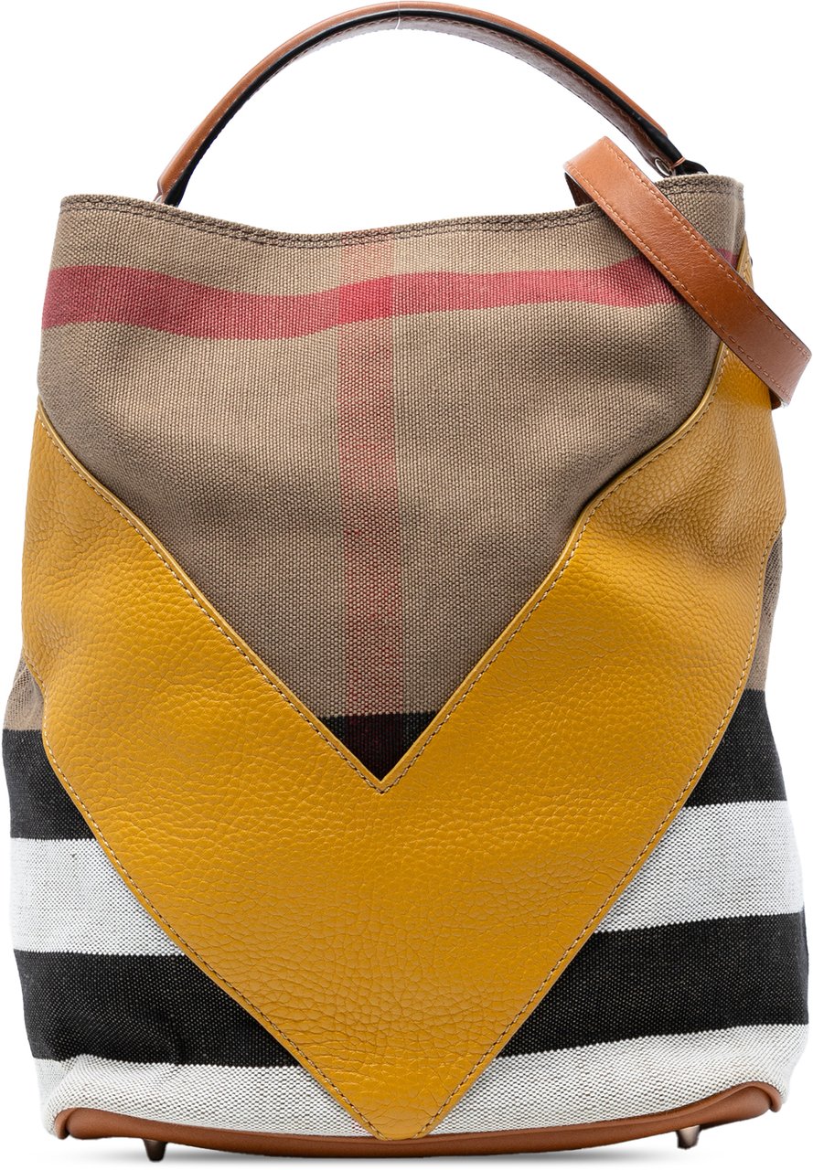 Burberry Medium Mega Check Canvas and Calfskin Chevron Ashby Bucket Bruin