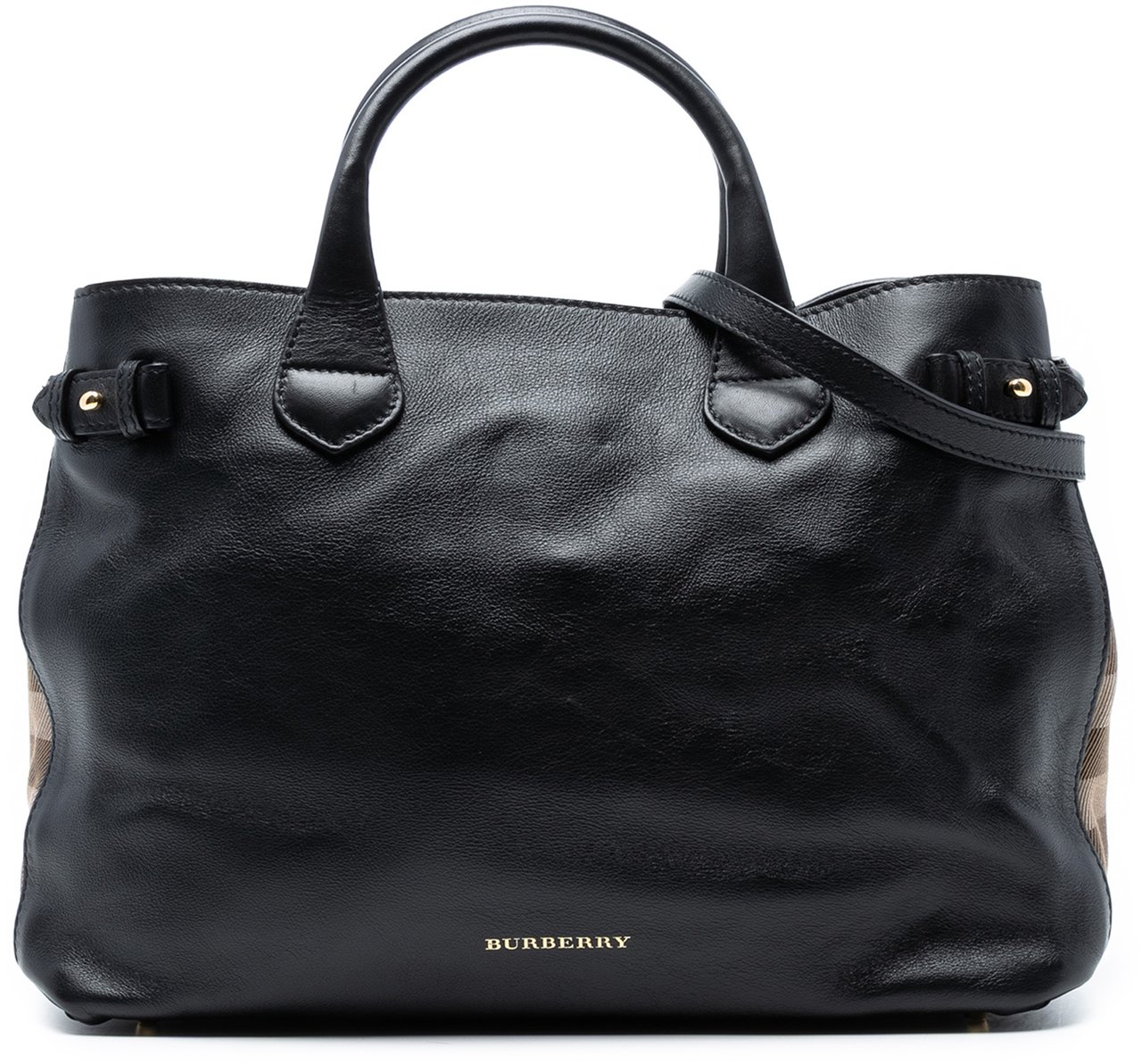 Burberry Medium Leather and House Check Banner Satchel Zwart