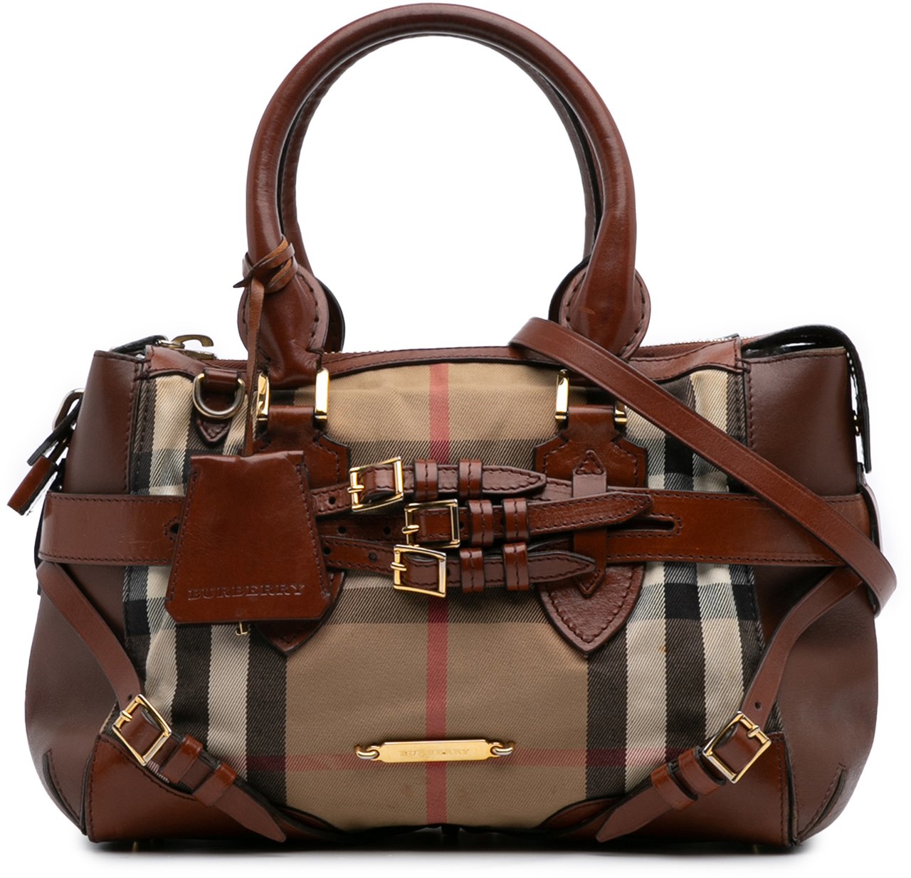 Burberry Small House Check Canvas Bridle Gladstone Satchel Bruin