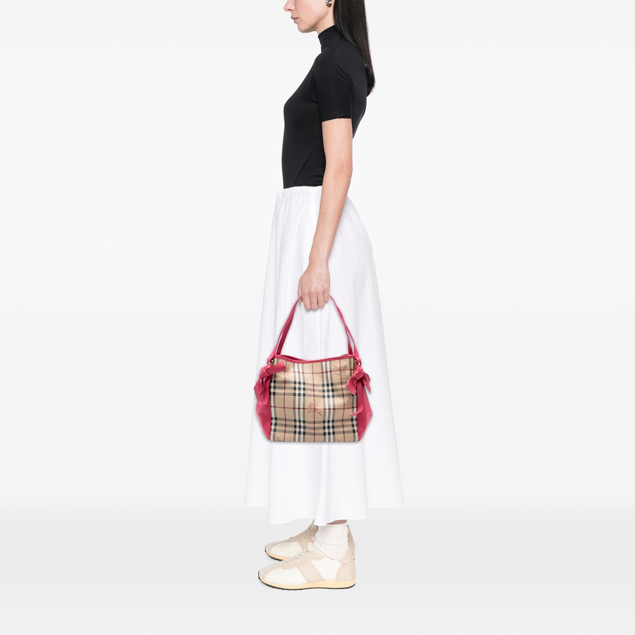 Burberry Small Leather Trimmed Haymarket Check Coated Canvas Canterbury Bow Tote Bruin