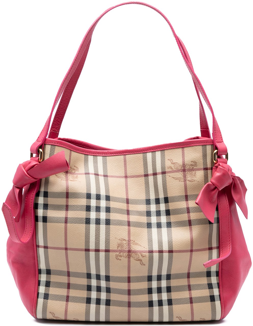 Burberry Small Leather Trimmed Haymarket Check Coated Canvas Canterbury Bow Tote Bruin