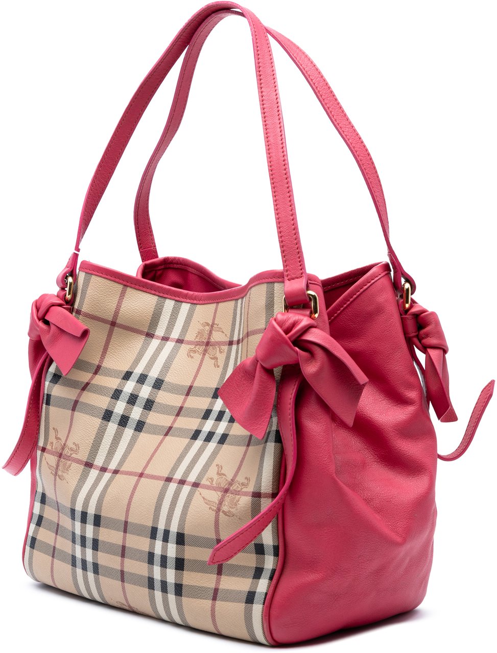 Burberry Small Leather Trimmed Haymarket Check Coated Canvas Canterbury Bow Tote Bruin