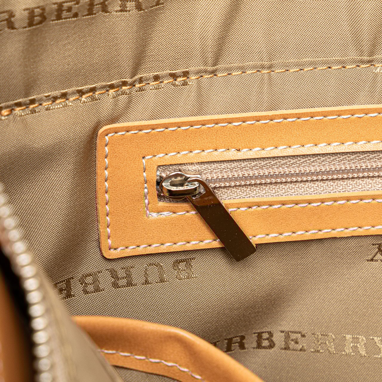 Burberry Leather Trimmed Canvas Handbag Bruin