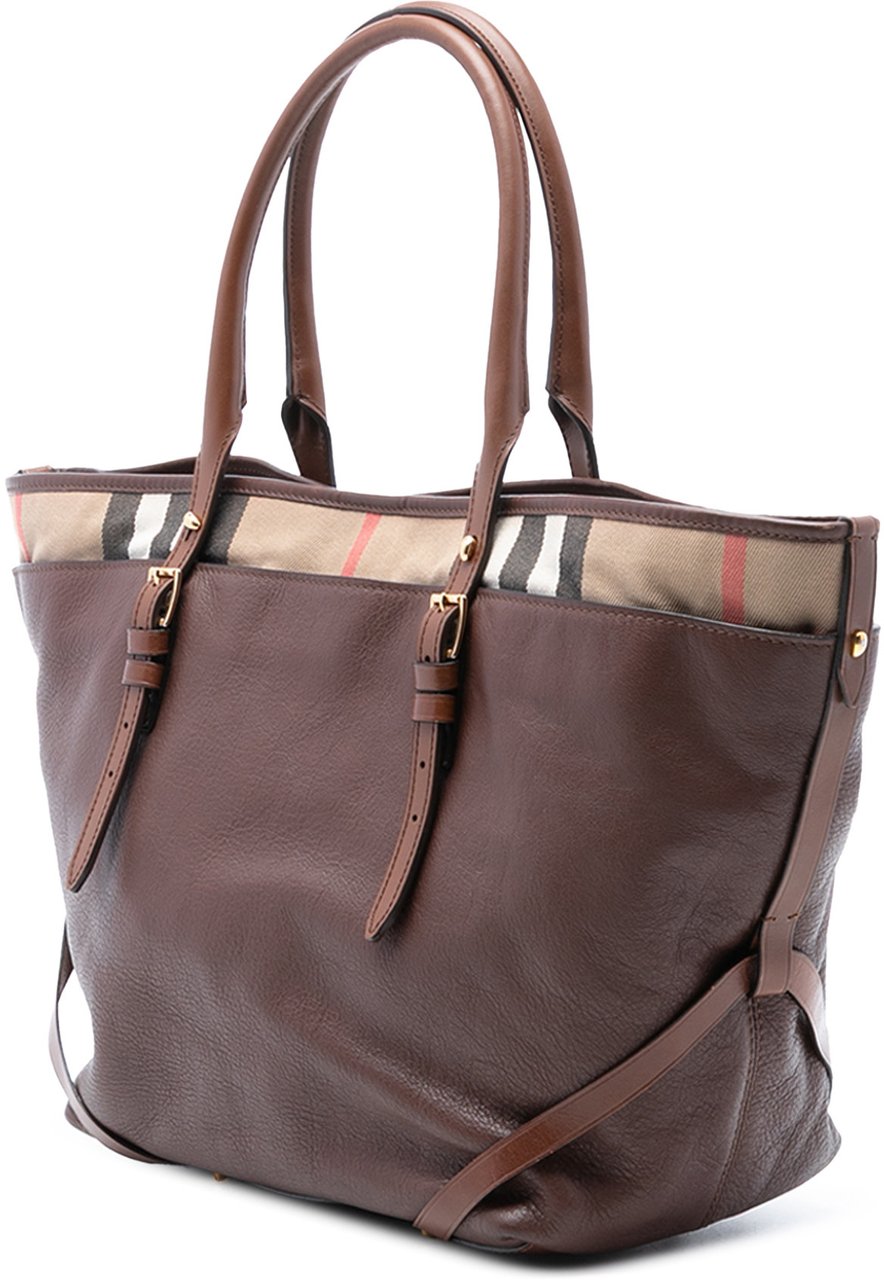 Burberry Medium House Check Trimmed Leather Salisbury Tote Bruin