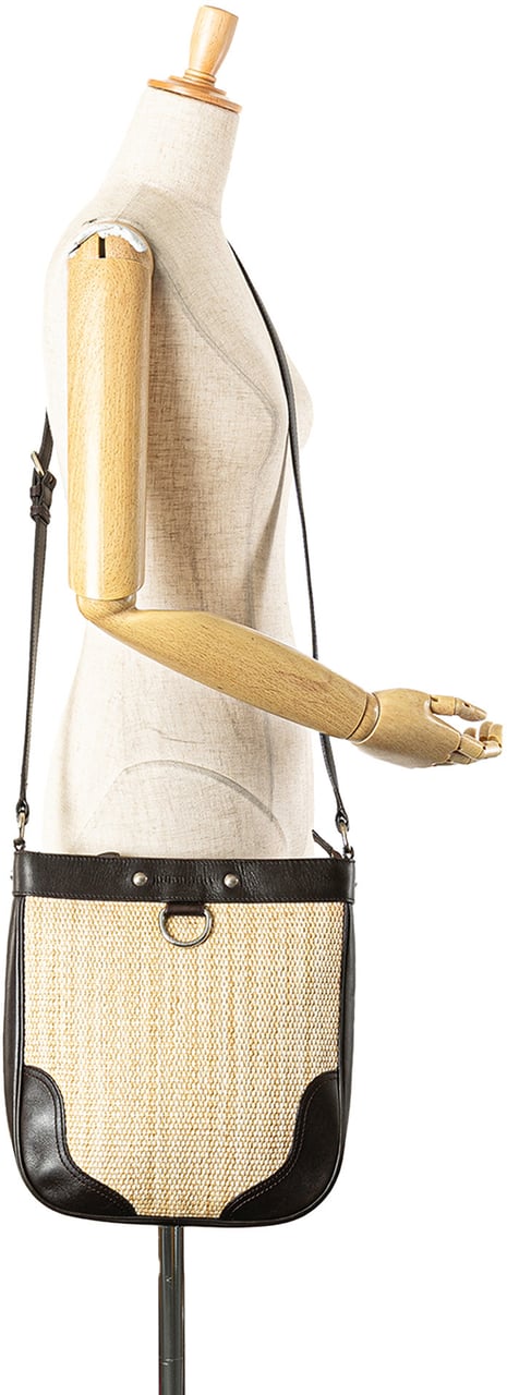 Burberry Leather Trimmed Raffia Crossbody Bruin