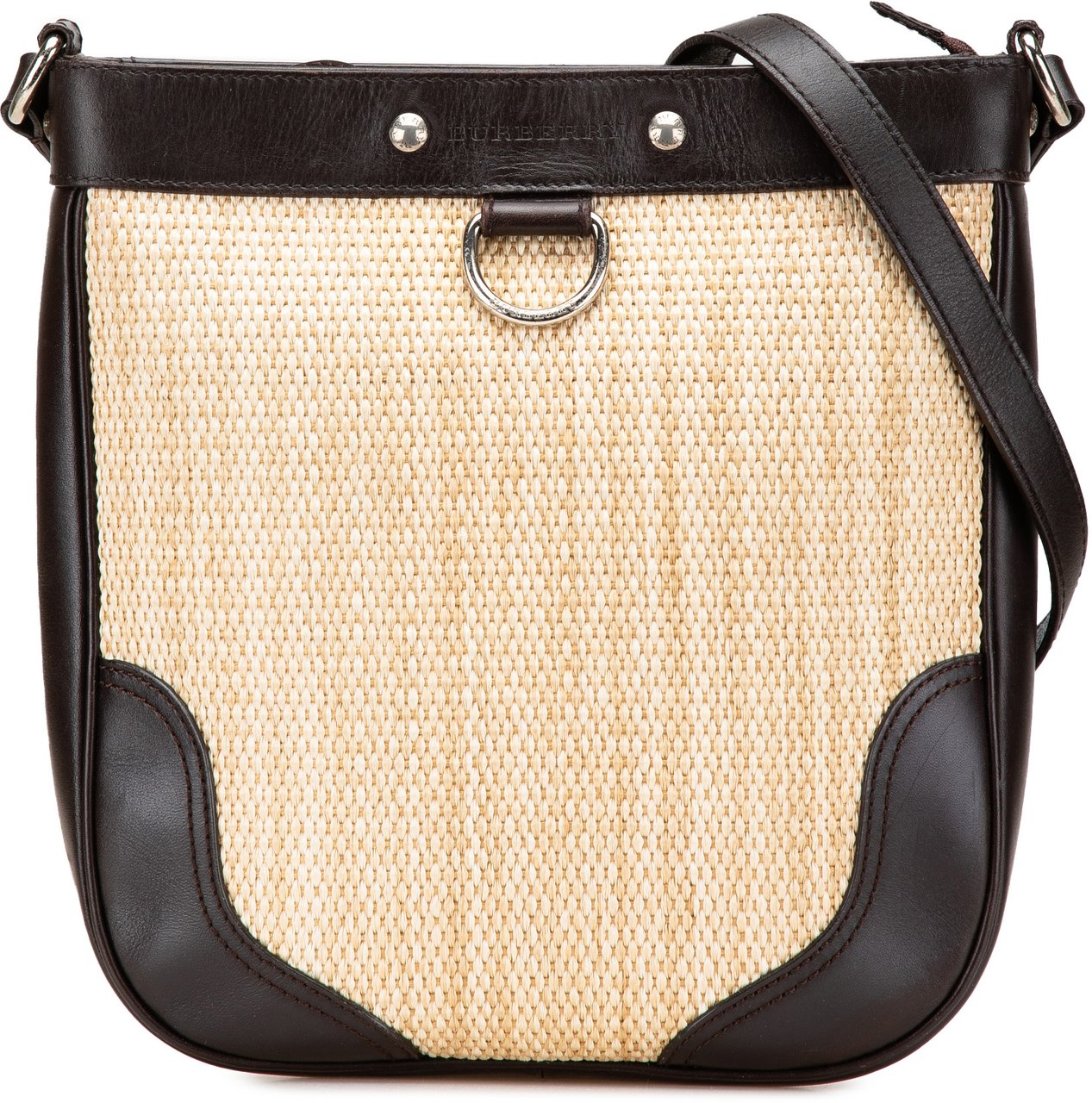 Burberry Leather Trimmed Raffia Crossbody Bruin