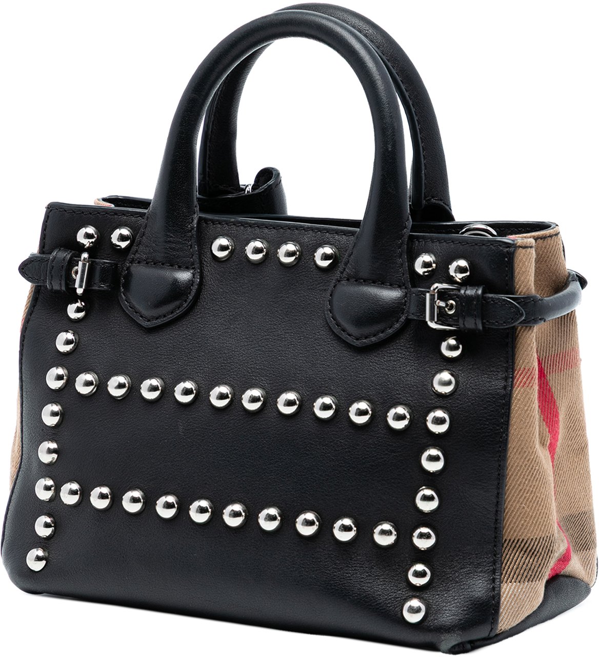 Burberry Baby Banner Studded Leather and House Check Tote Zwart