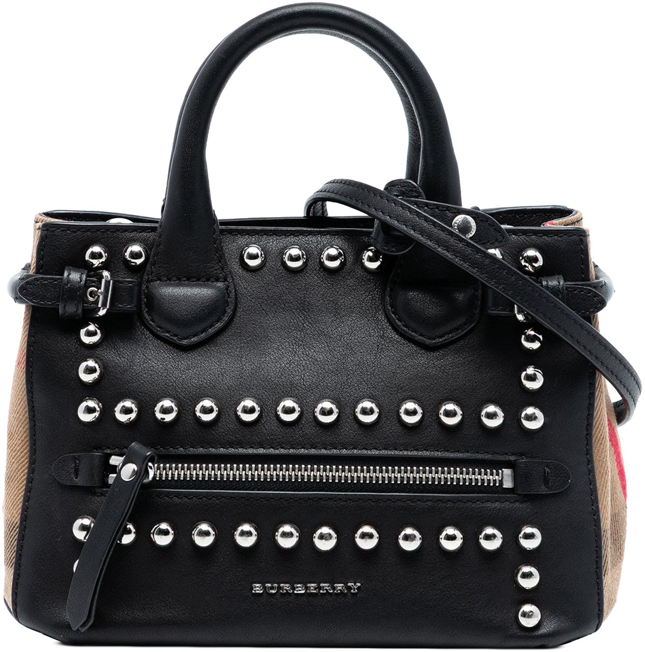 Burberry Baby Banner Studded Leather and House Check Tote Zwart