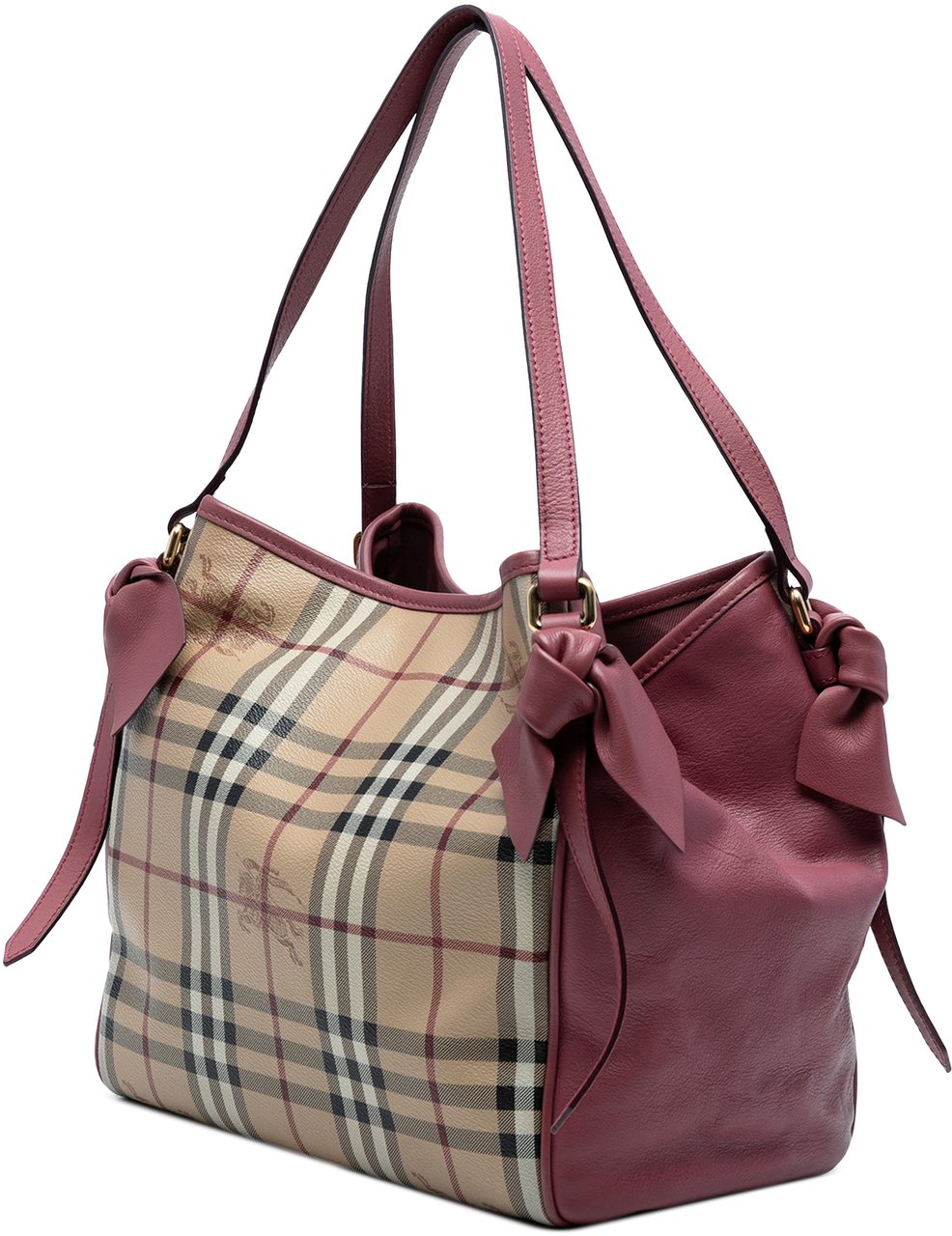 Burberry Small Leather Trimmed Haymarket Check Coated Canvas Canterbury Bow Tote Bruin