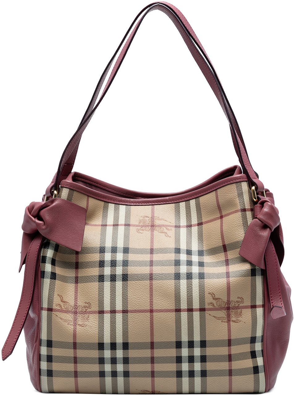 Burberry Small Leather Trimmed Haymarket Check Coated Canvas Canterbury Bow Tote Bruin
