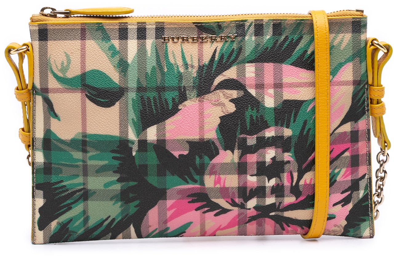 Burberry Haymarket Check Coated Canvas Floral Print Crossbody Bruin