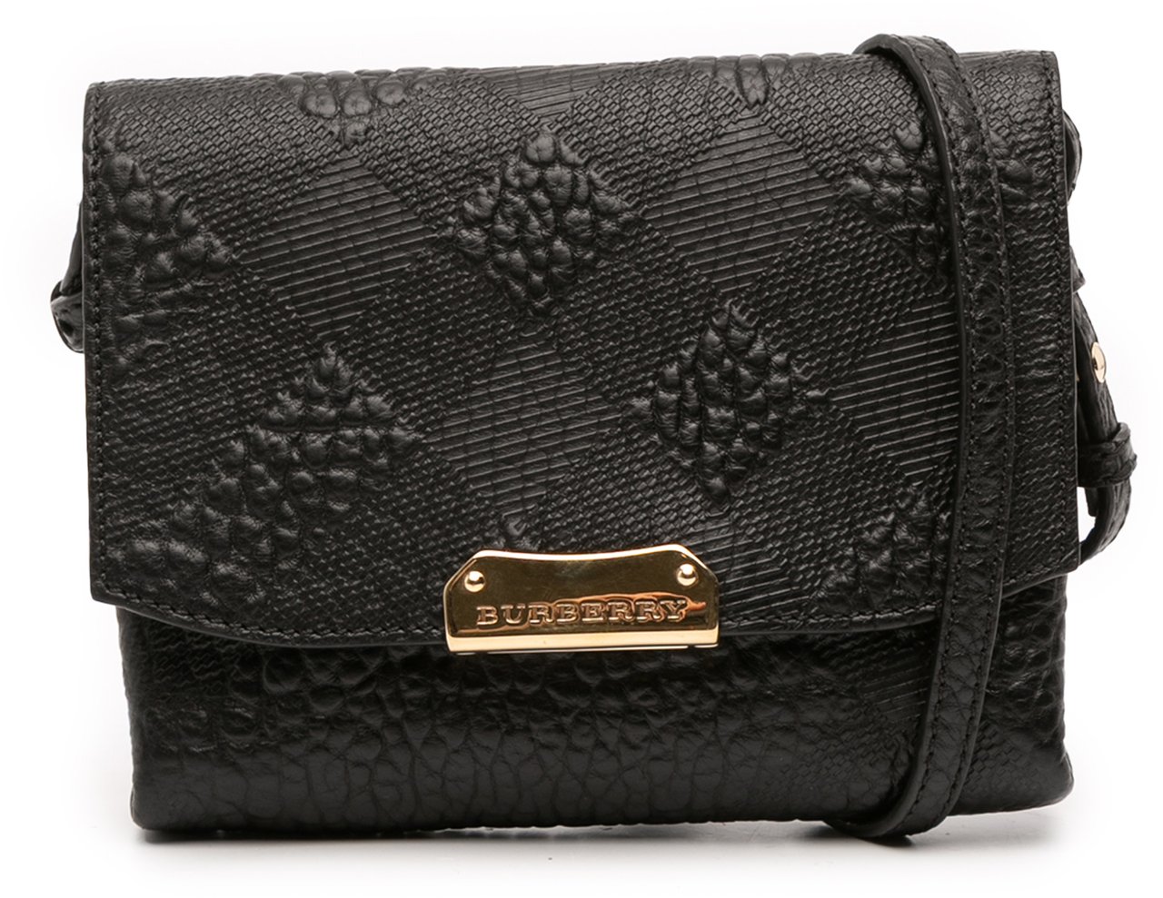 Burberry Embossed Grain Check Leather Langley Crossbody Zwart