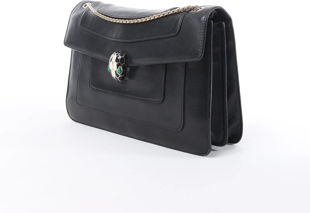 BVLGARI Serpenti Leather Chain Crossbody Bag in Black Grijs