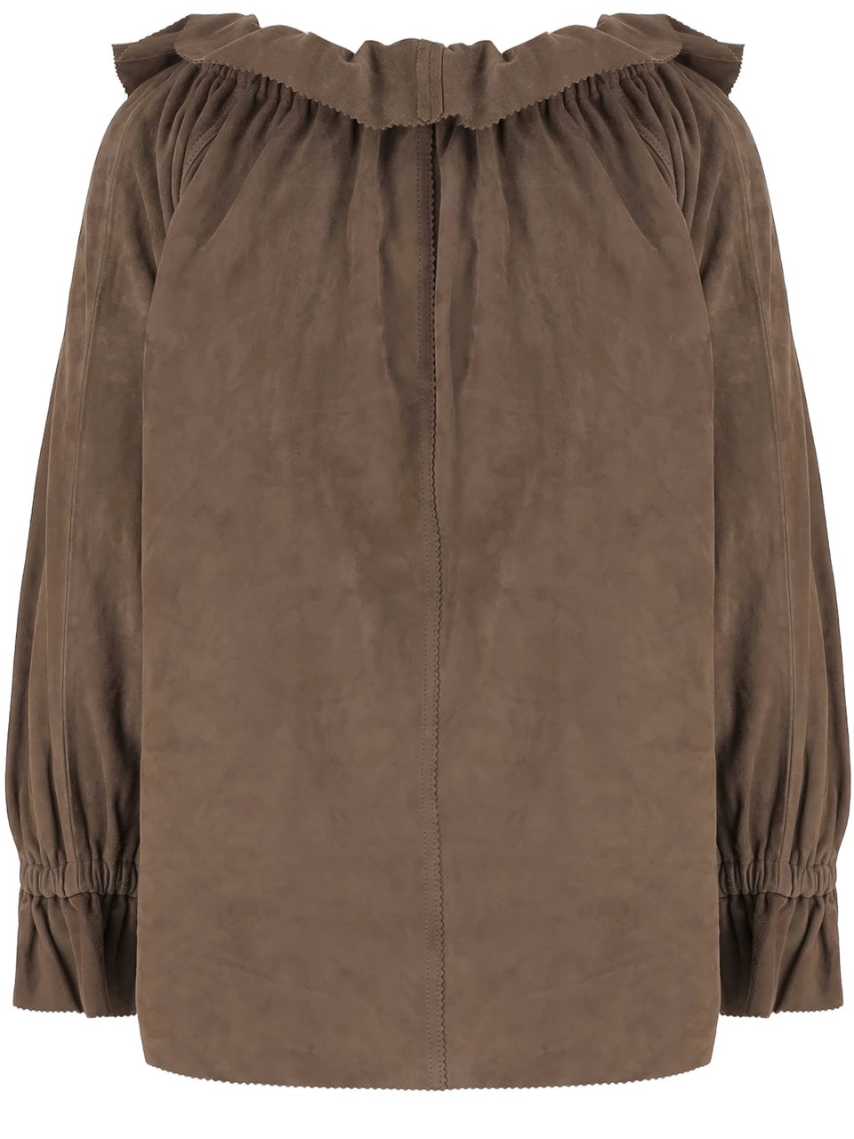 By Malene Birger Ruffled V-Neck Suede Blouse With Drawstring Closure Bruin