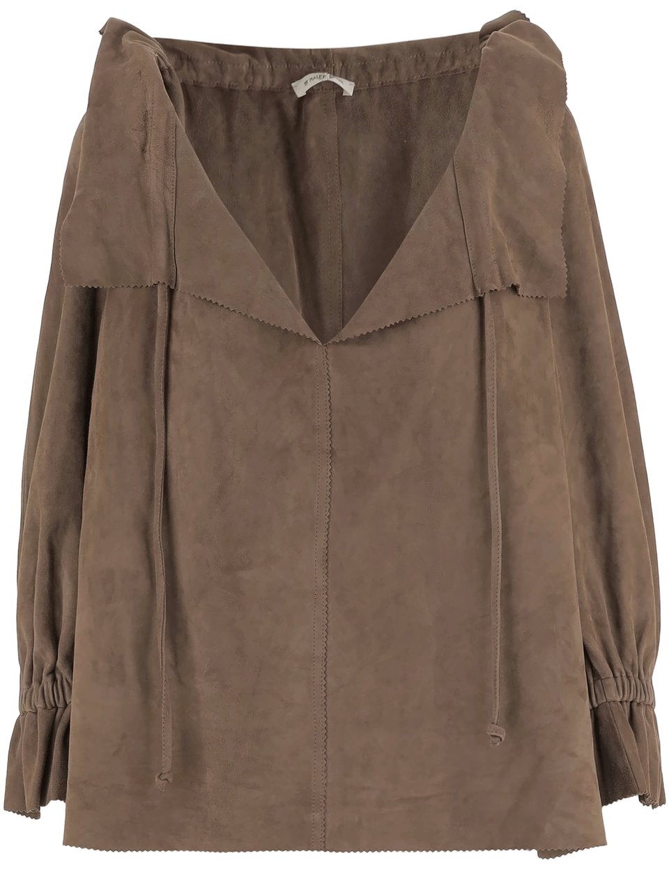 By Malene Birger Ruffled V-Neck Suede Blouse With Drawstring Closure Bruin