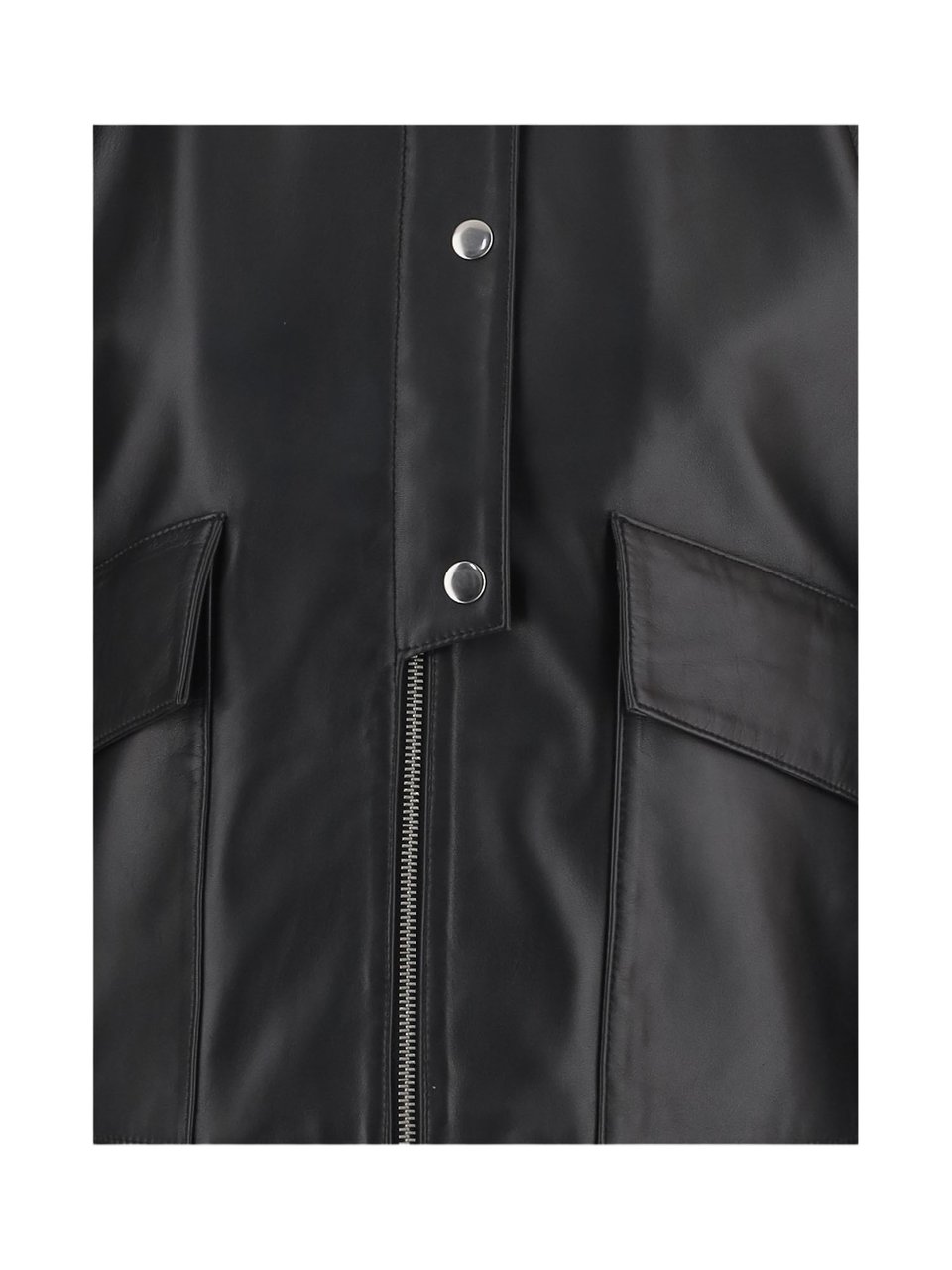 By Malene Birger High Collar Black Leather Jacket With Flap Pockets Zwart