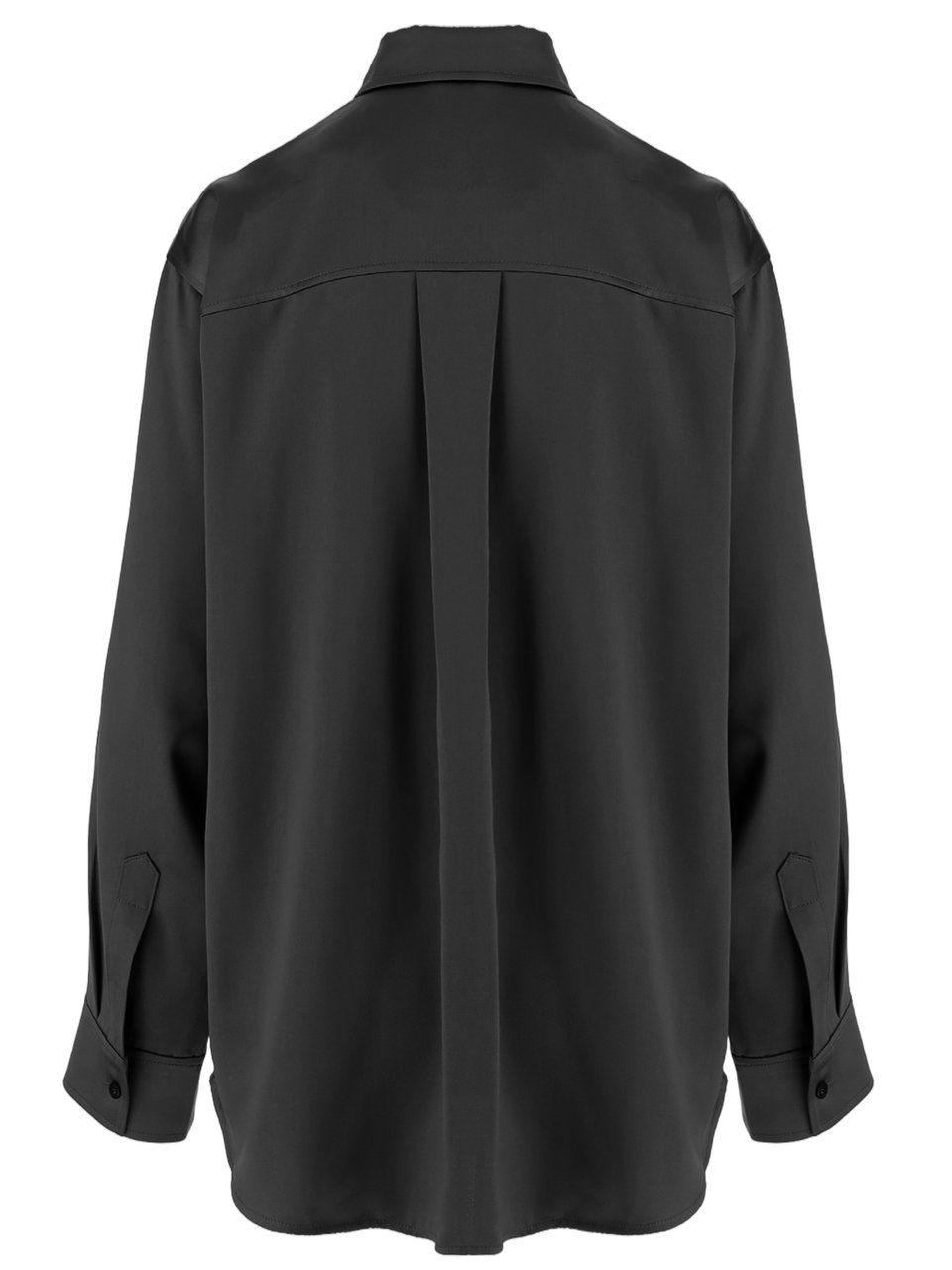 By Malene Birger Satin-Finish Black Shirt with Pointed Collar and Curved Hem Zwart