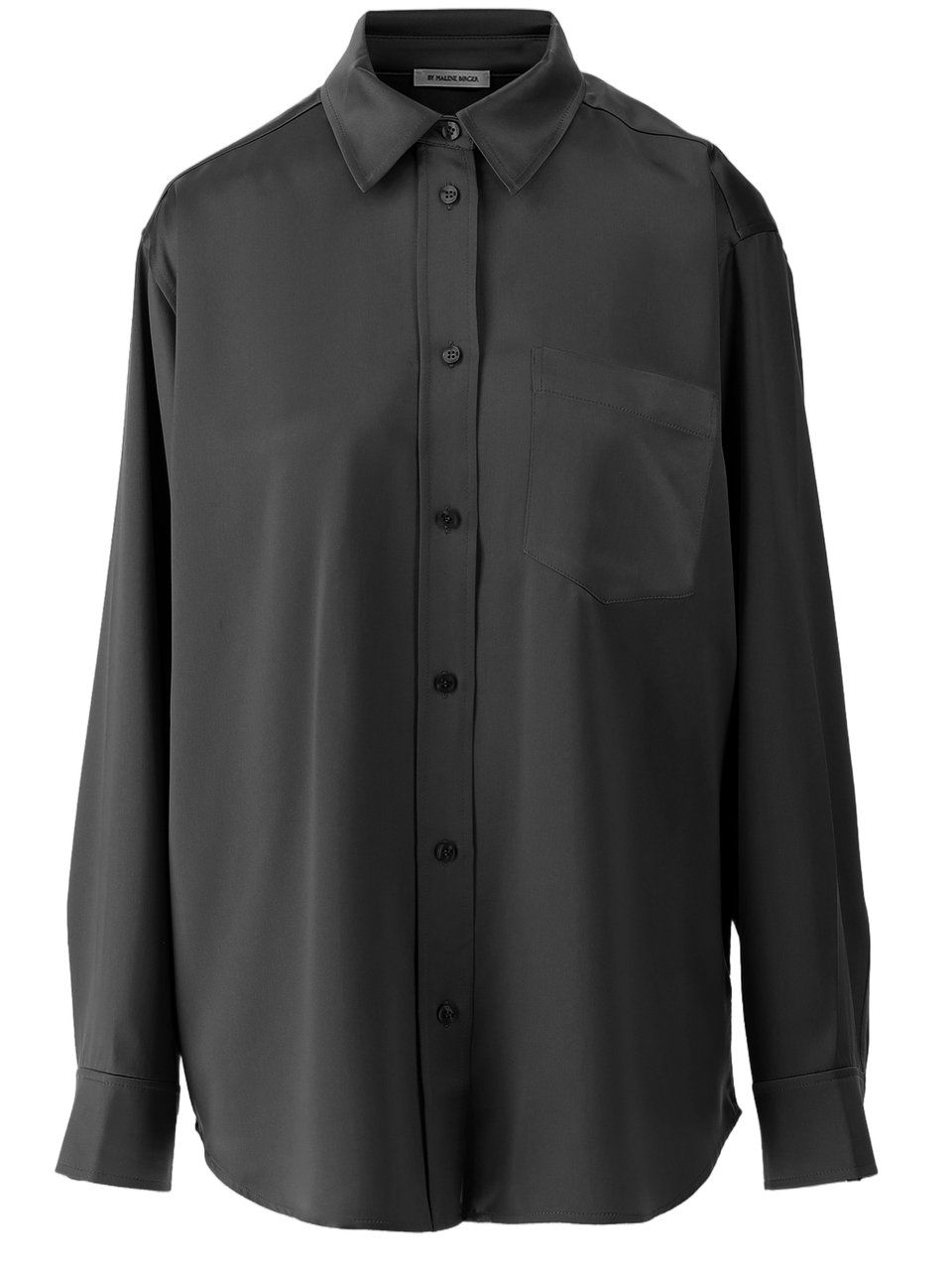 By Malene Birger Satin-Finish Black Shirt with Pointed Collar and Curved Hem Zwart