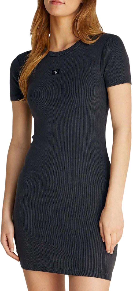 Calvin Klein Washed Woven Label Rib Jurk Zwart