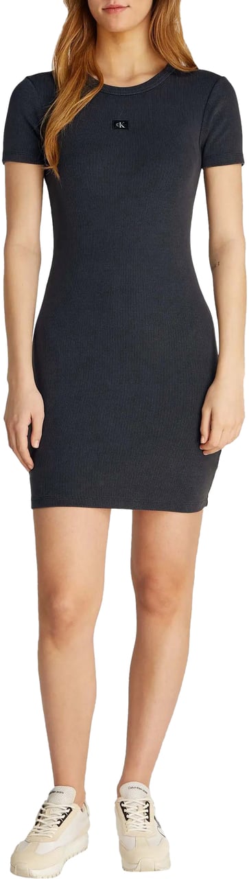 Calvin Klein Washed Woven Label Rib Jurk Zwart