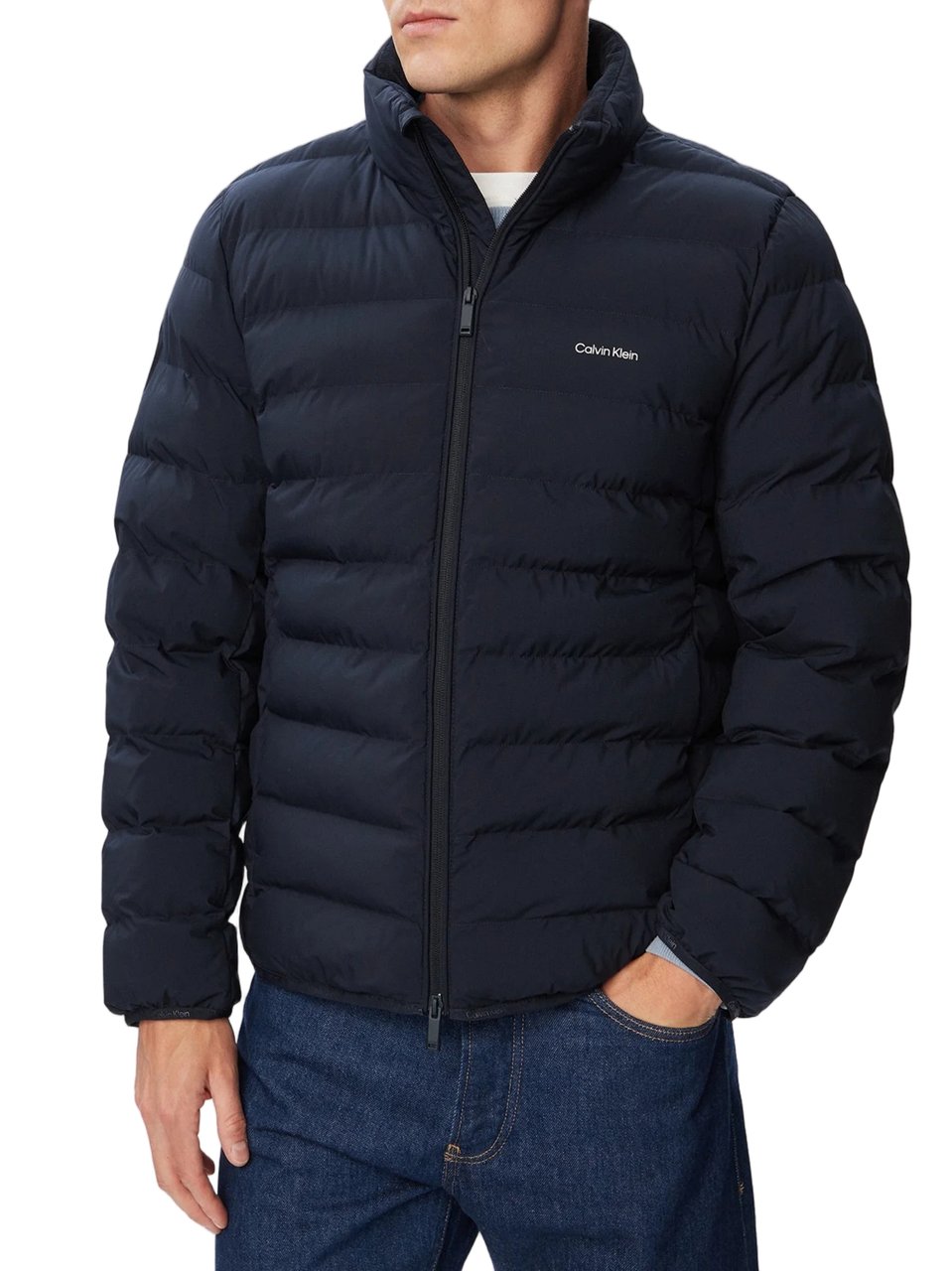 Calvin Klein Lightweight Quilted Puffer Jacket with High Collar and Subtle Branding Zwart