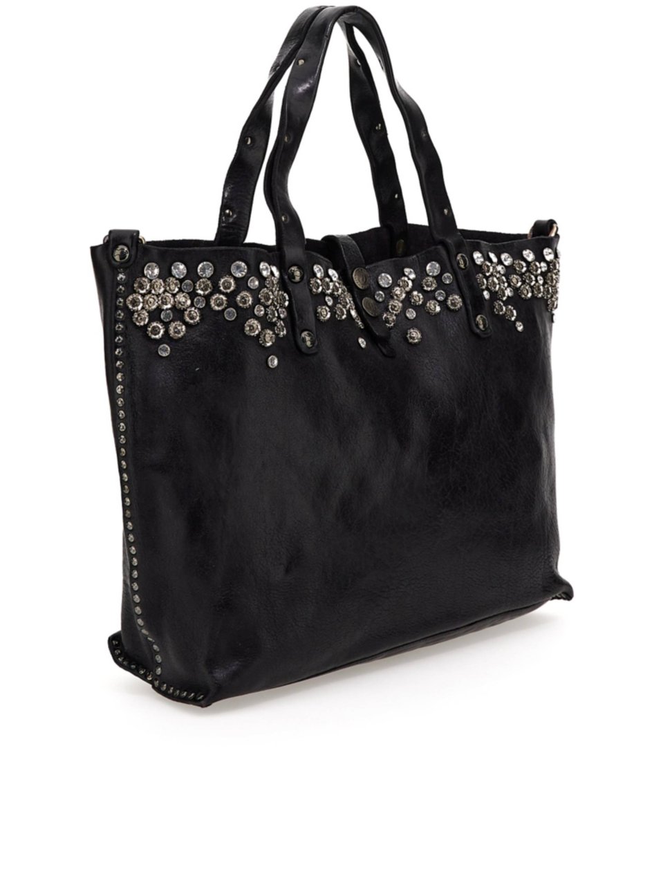 Campomaggi Large Black Leather Tote Bag with Silver-tone Accents Zwart