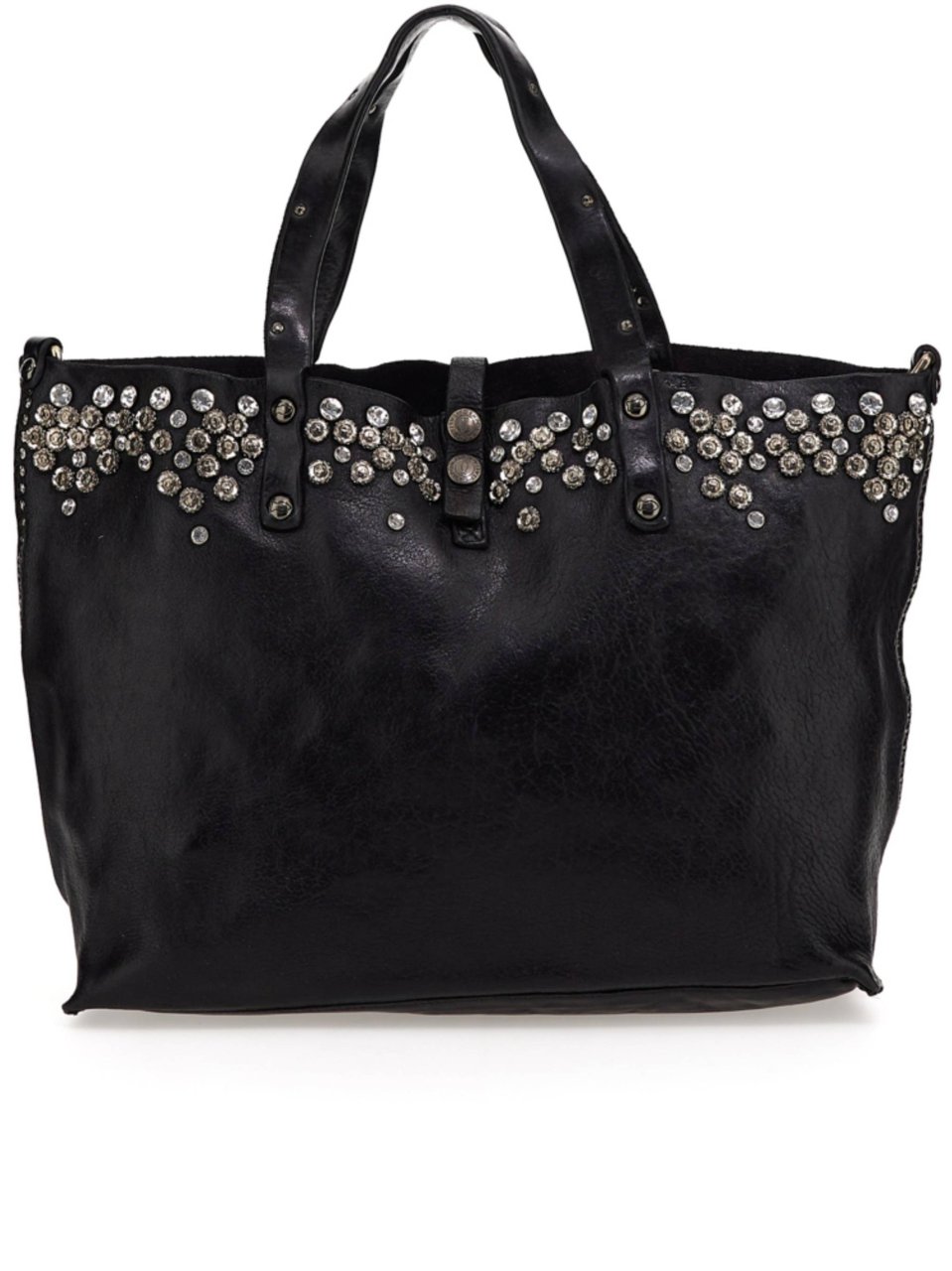 Campomaggi Large Black Leather Tote Bag with Silver-tone Accents Zwart