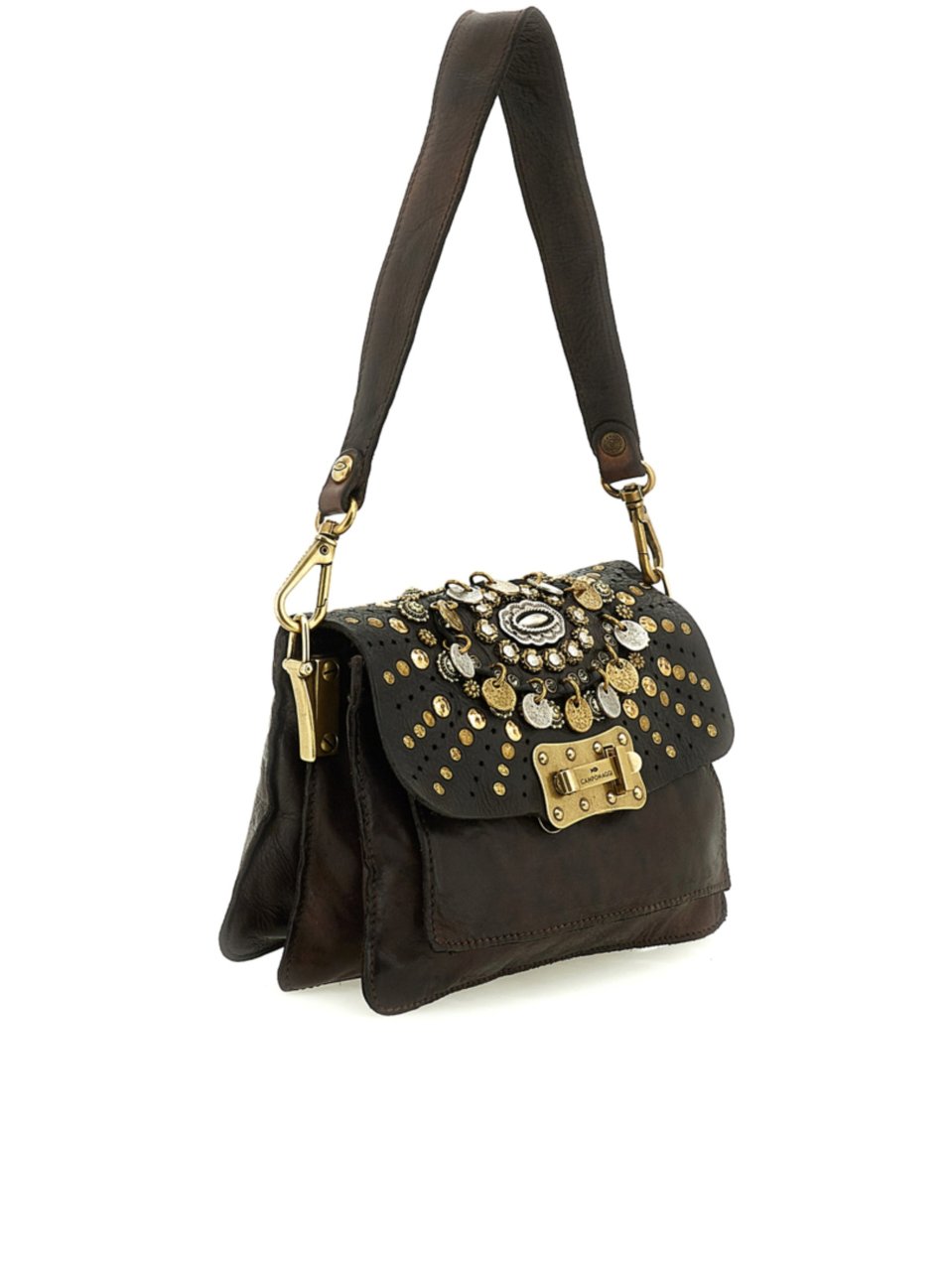 Campomaggi Medium Brown Leather Handbag with Decorative Studs and Clasp Closure Zwart