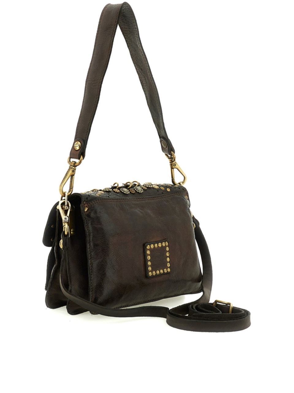 Campomaggi Medium Brown Leather Handbag with Decorative Studs and Clasp Closure Zwart