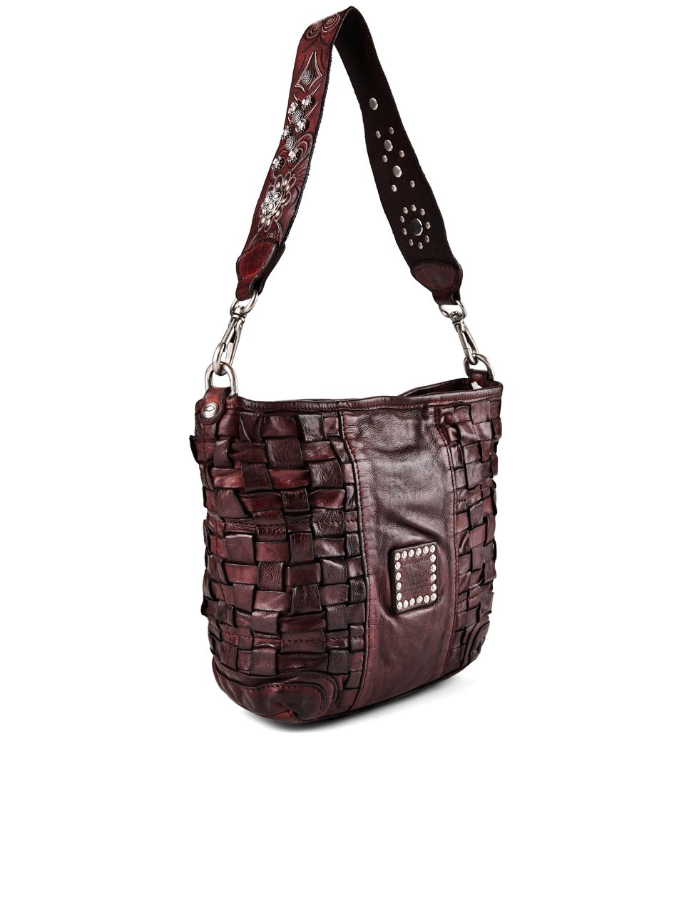 Campomaggi Woven Leather Shoulder Bag with Floral Embossing Maroon