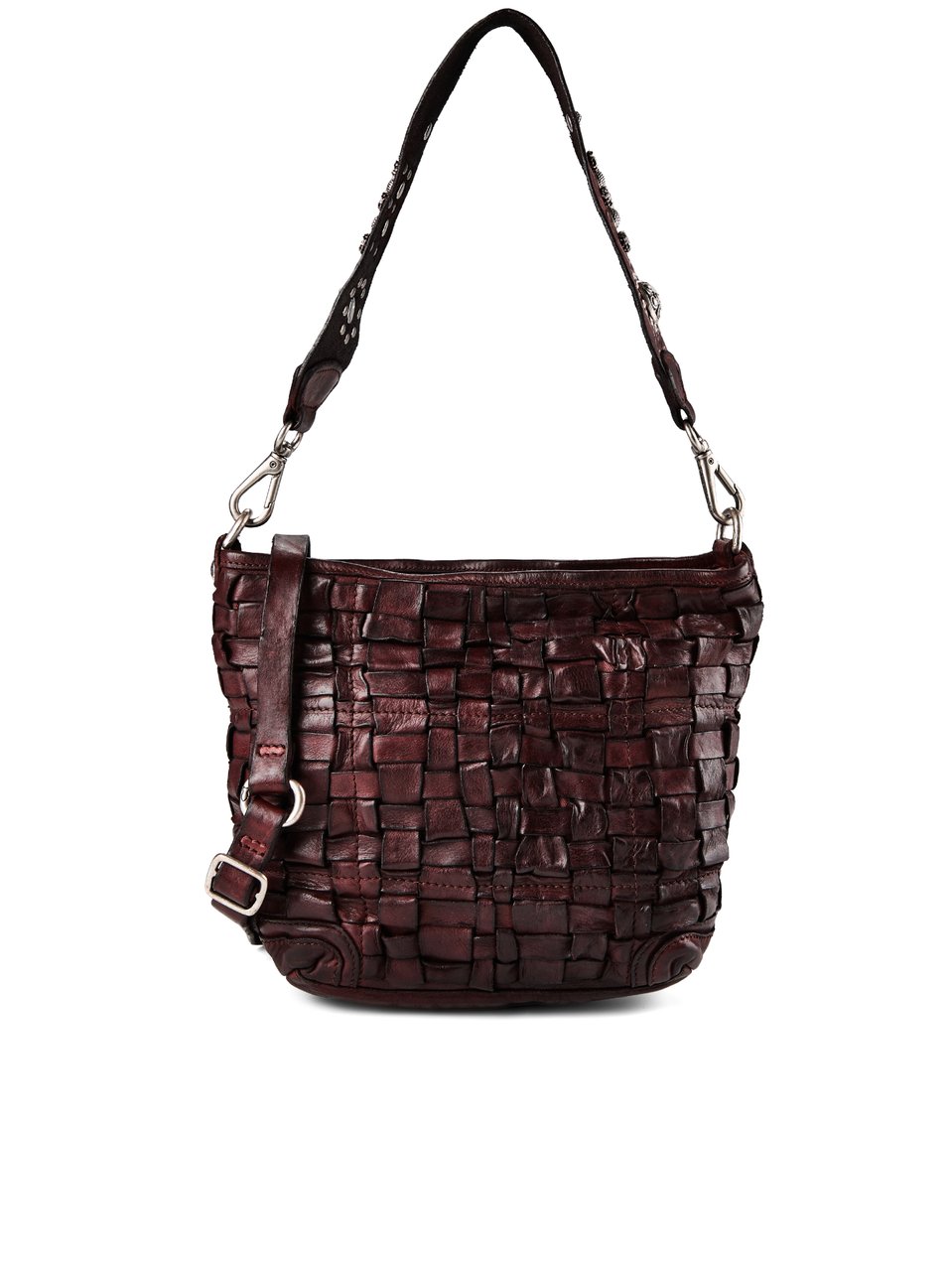 Campomaggi Woven Leather Shoulder Bag with Floral Embossing Maroon