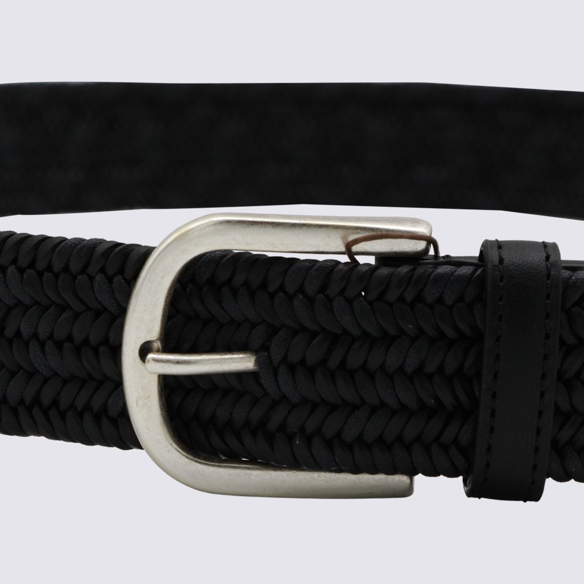 Canali Textured Braided Black Belt with Silver-Toned Buckle Zwart
