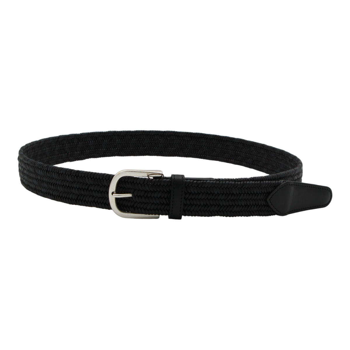 Canali Textured Braided Black Belt with Silver-Toned Buckle Zwart