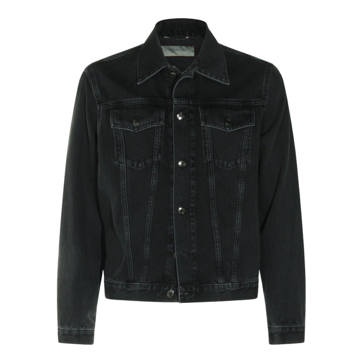Canali Vintage-Inspired Black Denim Jacket With Classic Details Zwart