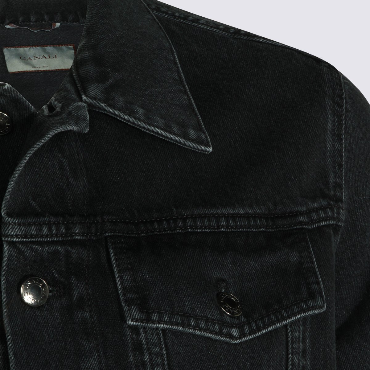 Canali Vintage-Inspired Black Denim Jacket With Classic Details Zwart