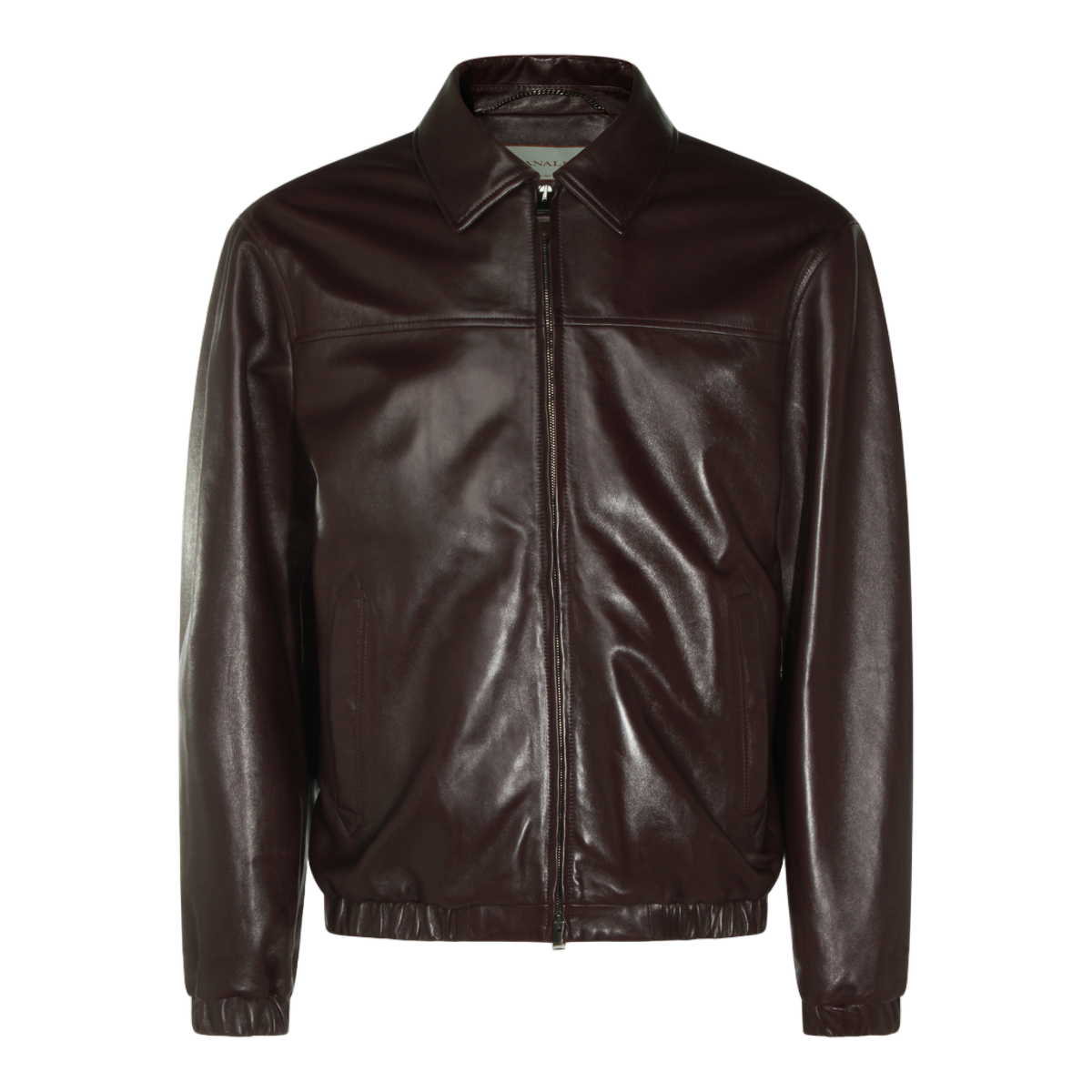 Canali Dark Brown Leather Jacket With Classic Collar And Minimalist Design Zwart
