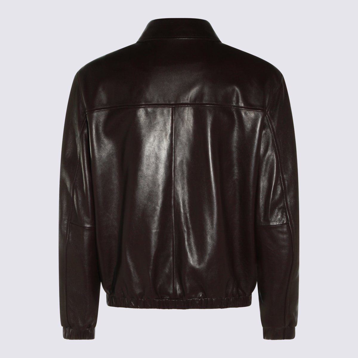 Canali Dark Brown Leather Jacket With Classic Collar And Minimalist Design Zwart