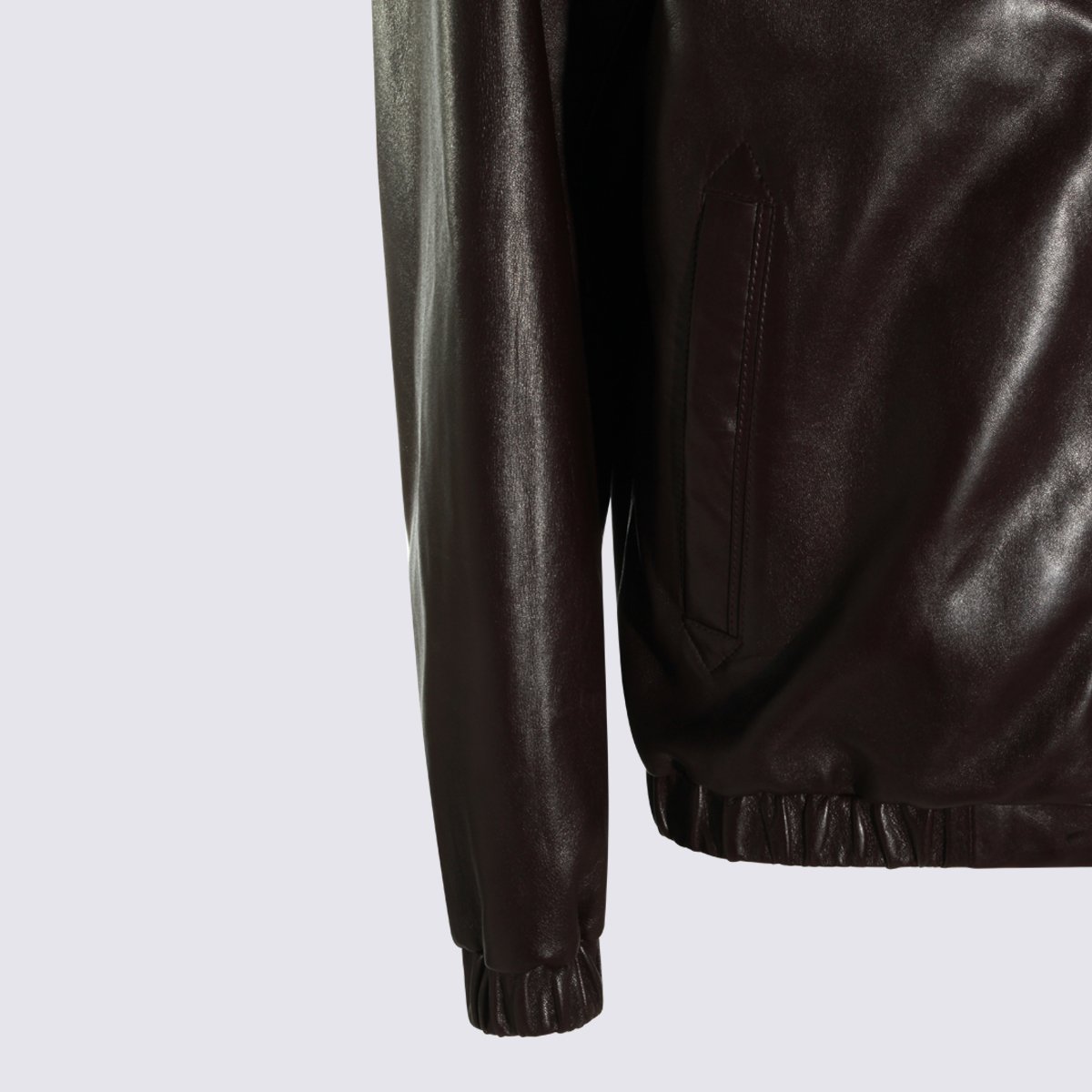 Canali Dark Brown Leather Jacket With Classic Collar And Minimalist Design Zwart