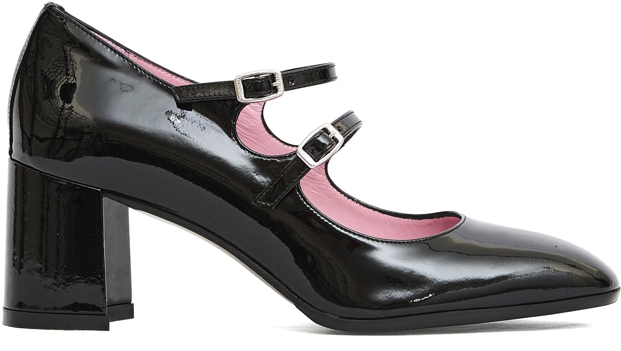 Carel Paris Pump Doppio Cinturino Vernice Nera Tacco 80 Mm Zwart