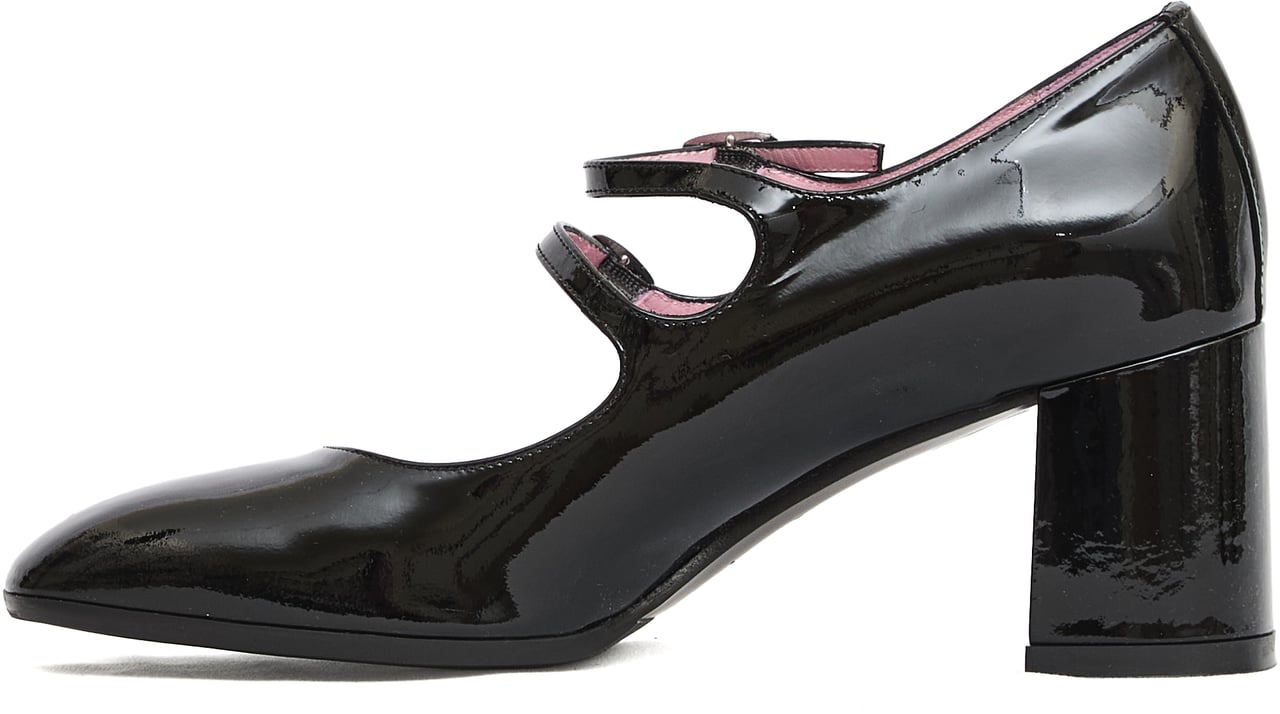 Carel Paris Pump Doppio Cinturino Vernice Nera Tacco 80 Mm Zwart