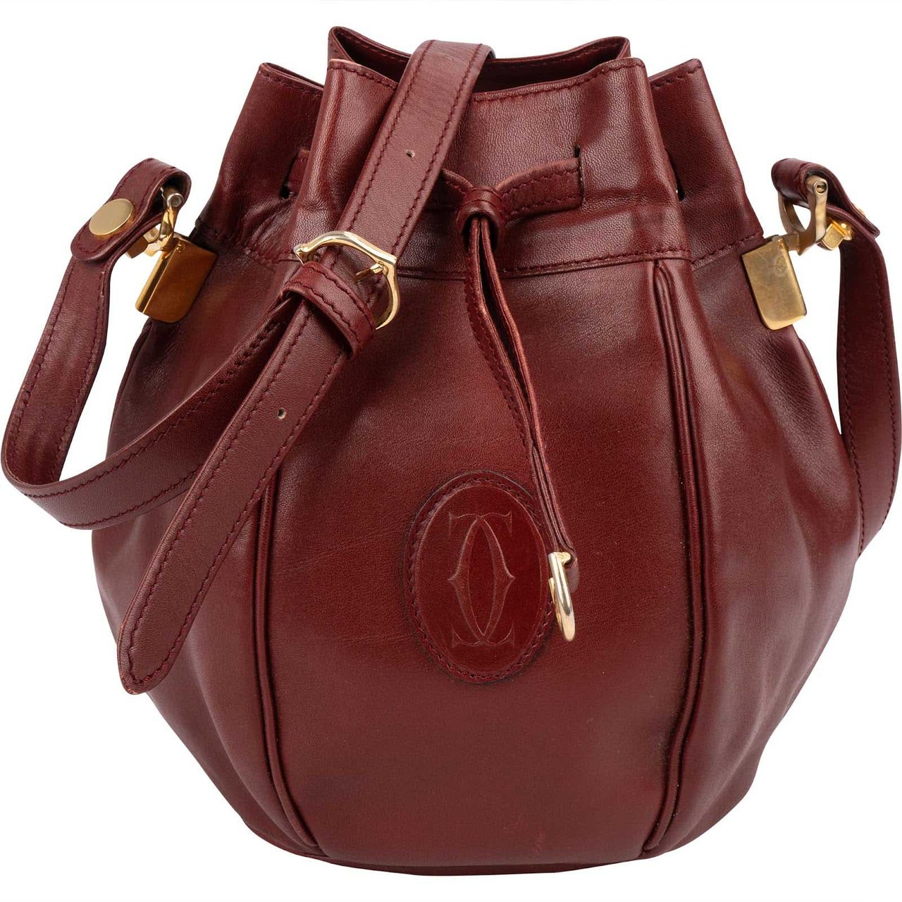 Cartier Bordeaux Leather Must de Cartier Round Bucket Drawstring Crossbody Bag Divers