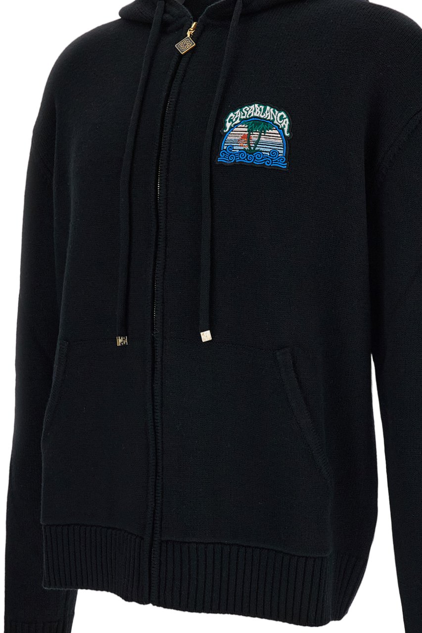 Casablanca Zip-Up Knit Hoodie with Jacquard Palm Tree Motif Zwart