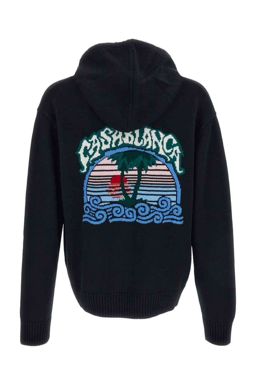 Casablanca Zip-Up Knit Hoodie with Jacquard Palm Tree Motif Zwart
