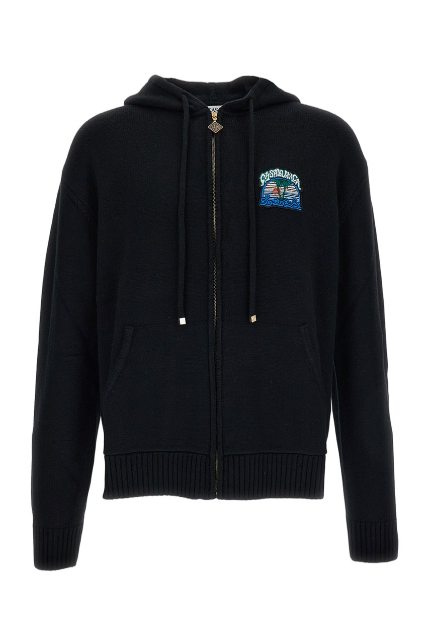 Casablanca Zip-Up Knit Hoodie with Jacquard Palm Tree Motif Zwart