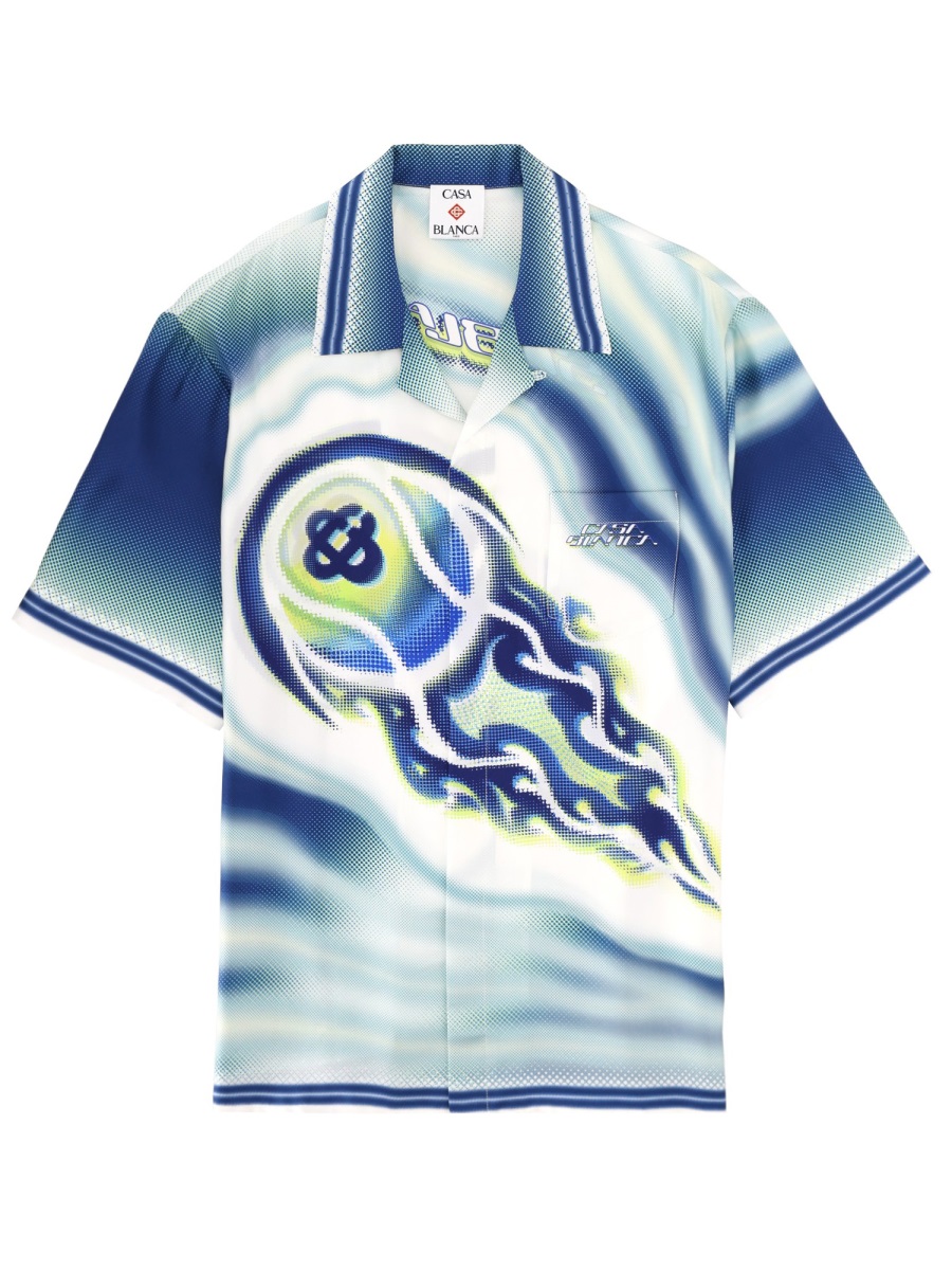 Casablanca Flaming Tennis Ball Silk Casual Shirt Blauw